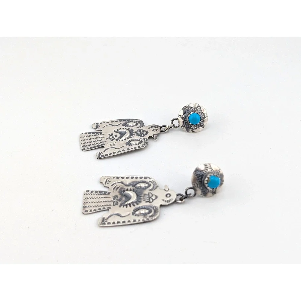 Navajo Thunderbird Dangle Earrings Oxidized Sterling Silver Kingman Turquoise** - Picture 6 of 7